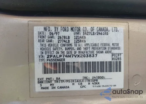 1997 Ford Crown Victoria Lx from USA, damaged, VIN 2FALP74W7VX203837